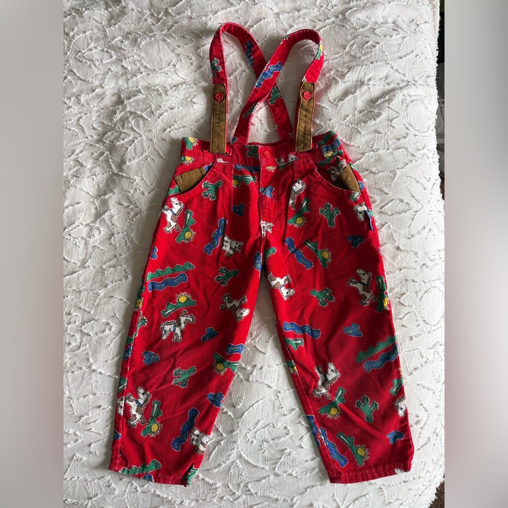 Vintage 80s Oshkosh Corduroy Western Print Suspender Pants 4T